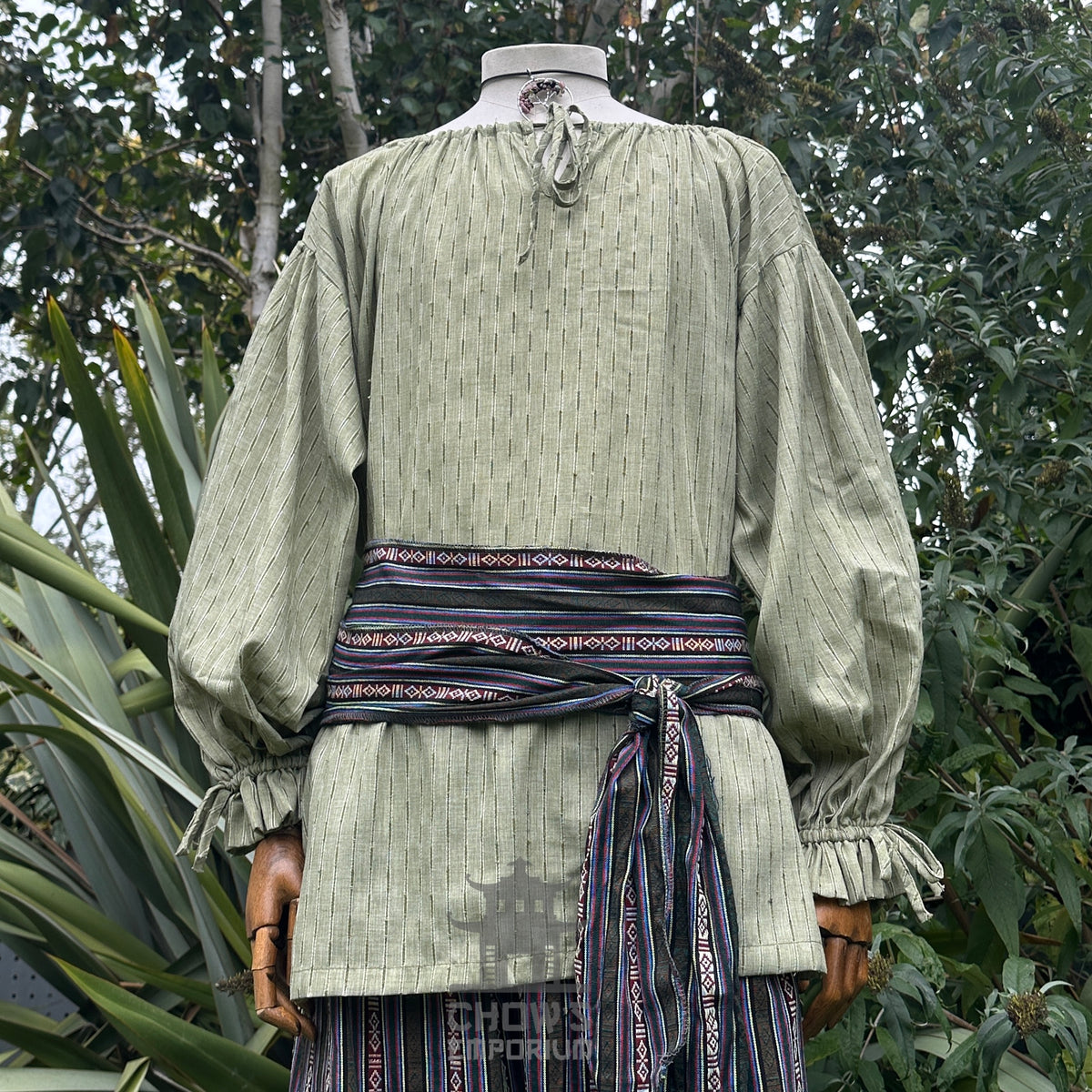 LARP outfit, back view: green shirt, striped sash, medieval style, cotton fabric.