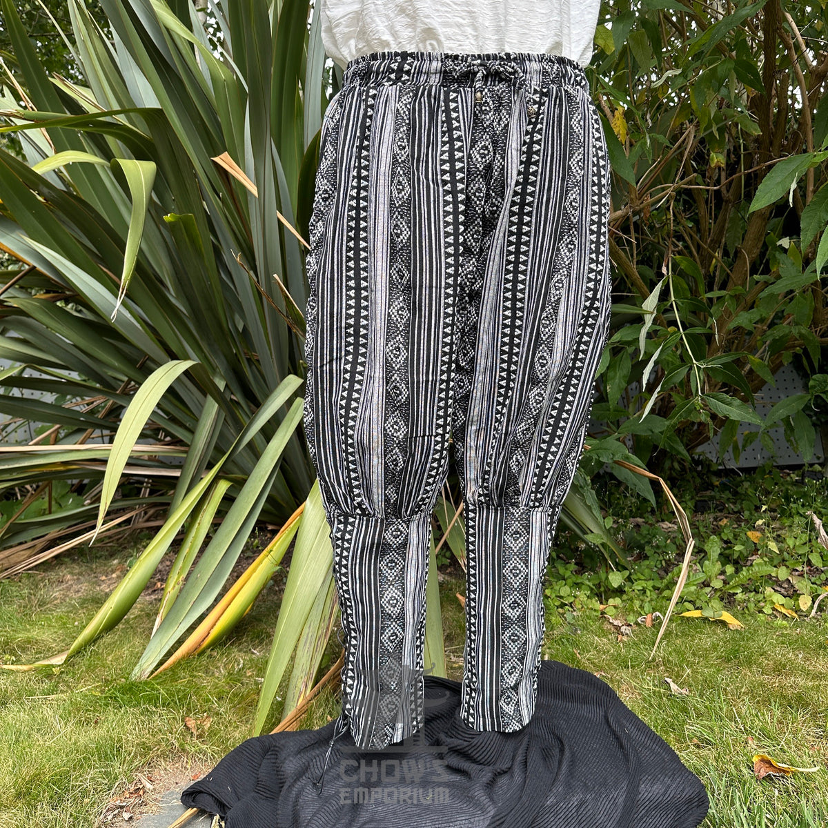 medieval viking pants LARP trousers black white patterned cotton no boots front.