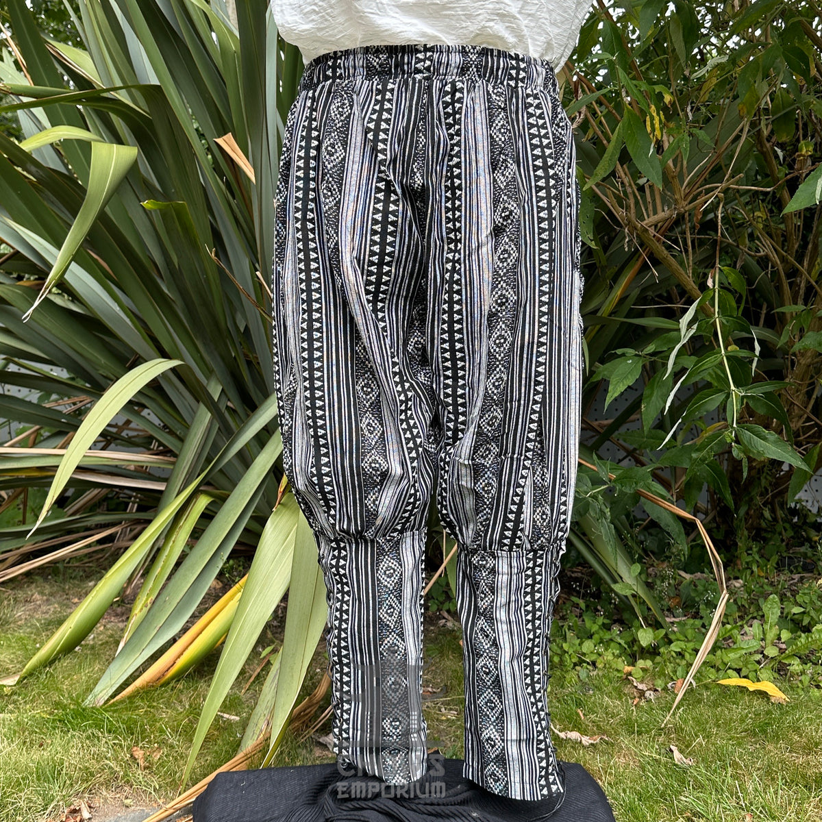 medieval viking pants LARP trousers black white patterned cotton no boots back.