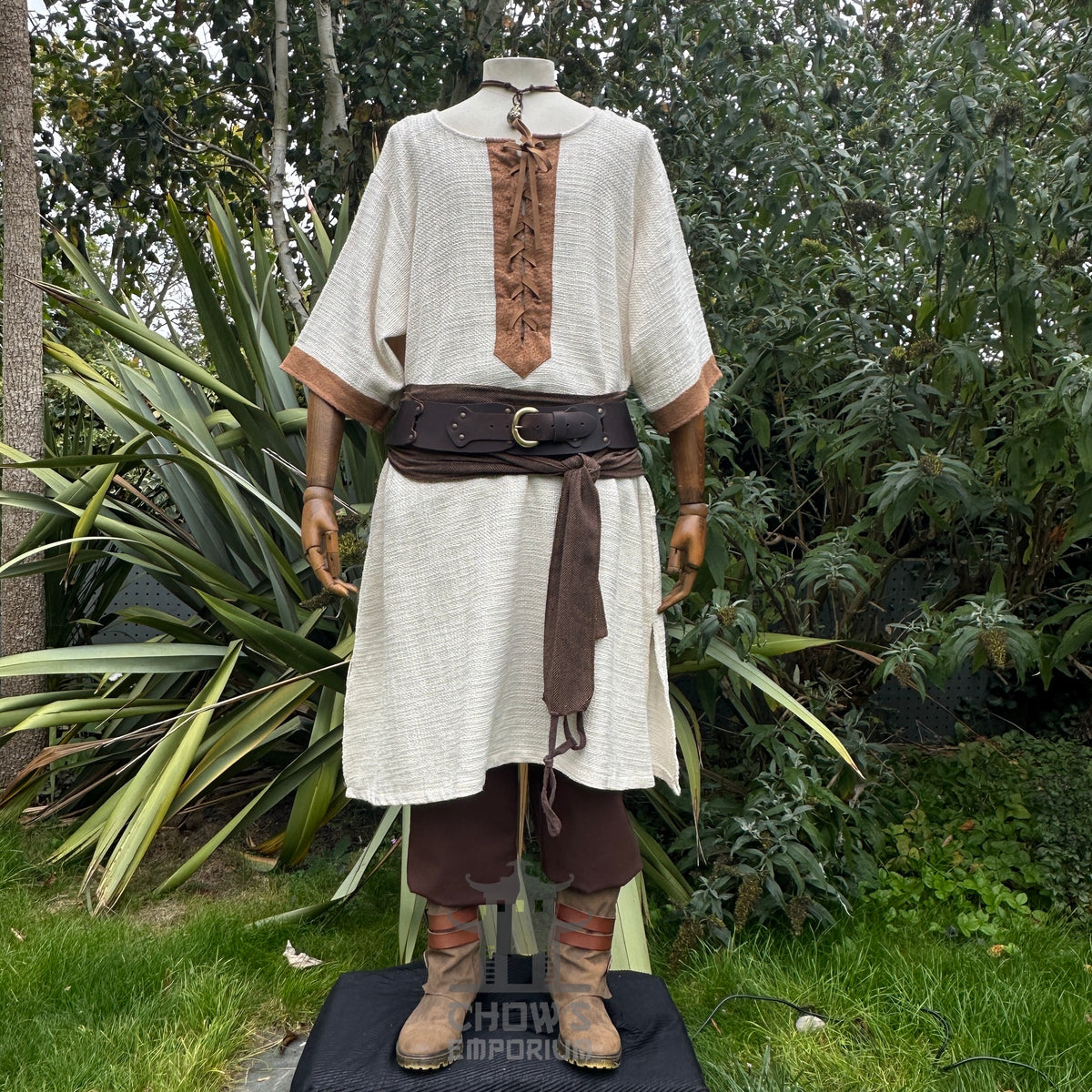 White woven tunic with brown sash and pants for LARP or medieval costume.