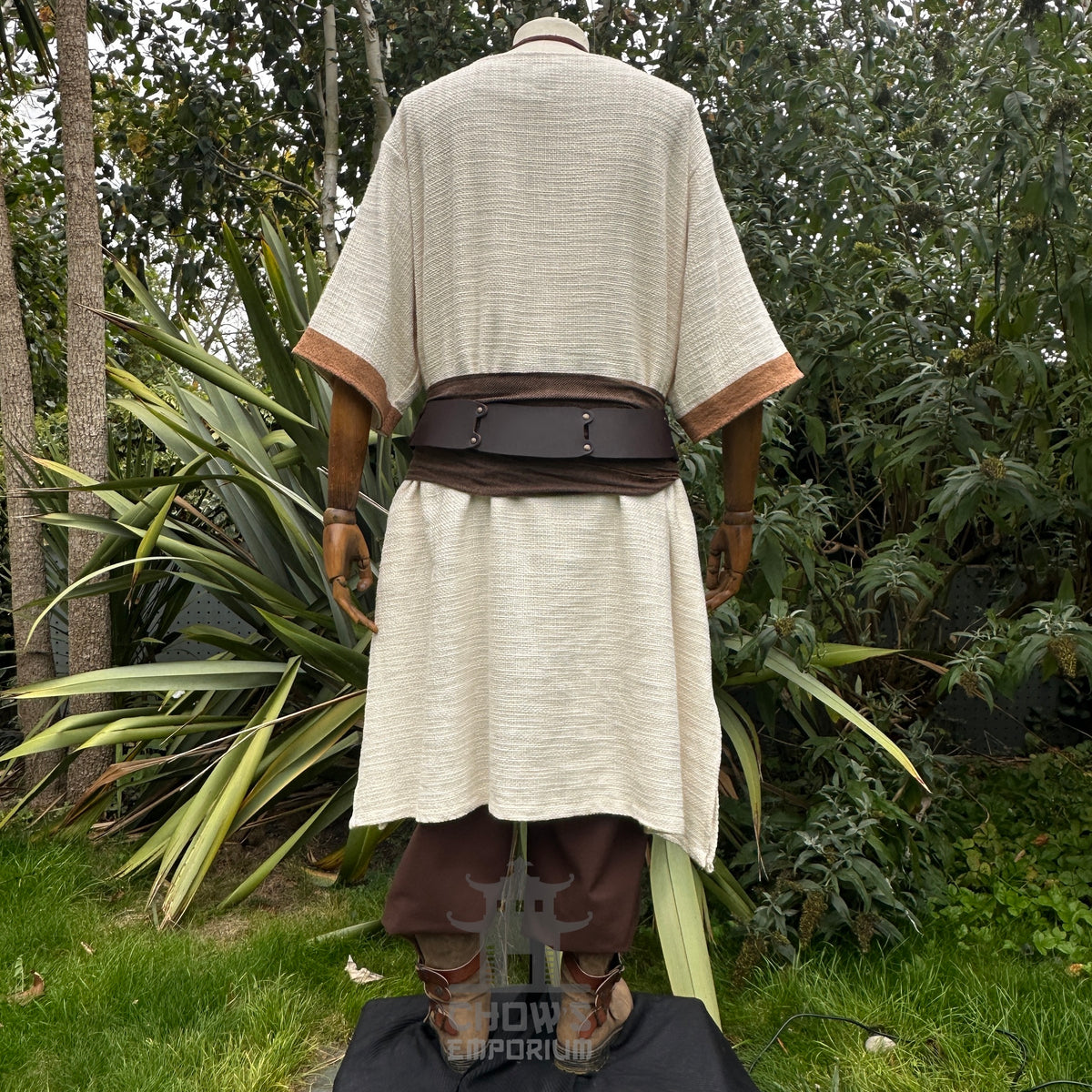 Woven tunic with brown sash and pants, natural colors, back view, LARP outfit.