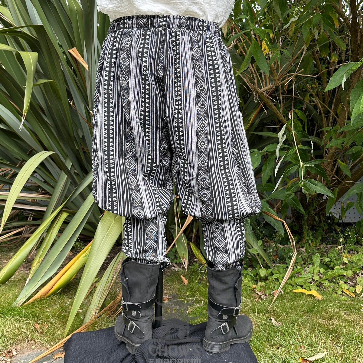 medieval viking pants LARP trousers black white patterned cotton back outside.