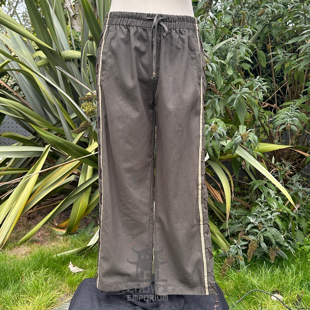 Green/Grey Cotton Medieval Straight Leg Pants with Side Lace and Braiding