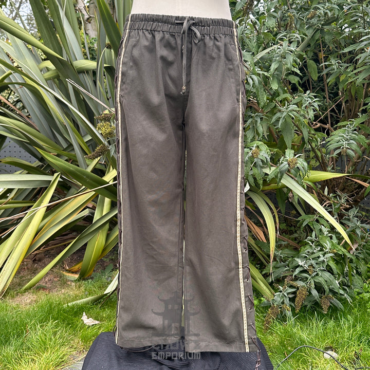 Green/Grey Cotton Medieval Straight Leg Pants with Side Lace and Braiding