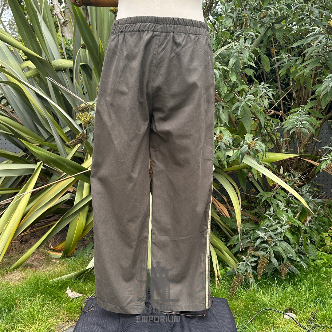 Green/Grey Cotton Medieval Straight Leg Pants with Side Lace and Braiding