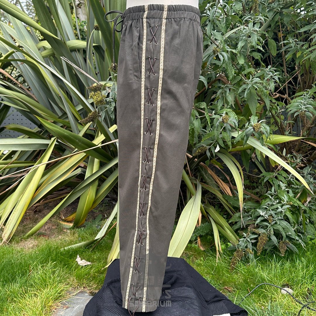 Green/Grey Cotton Medieval Straight Leg Pants with Side Lace and Braiding