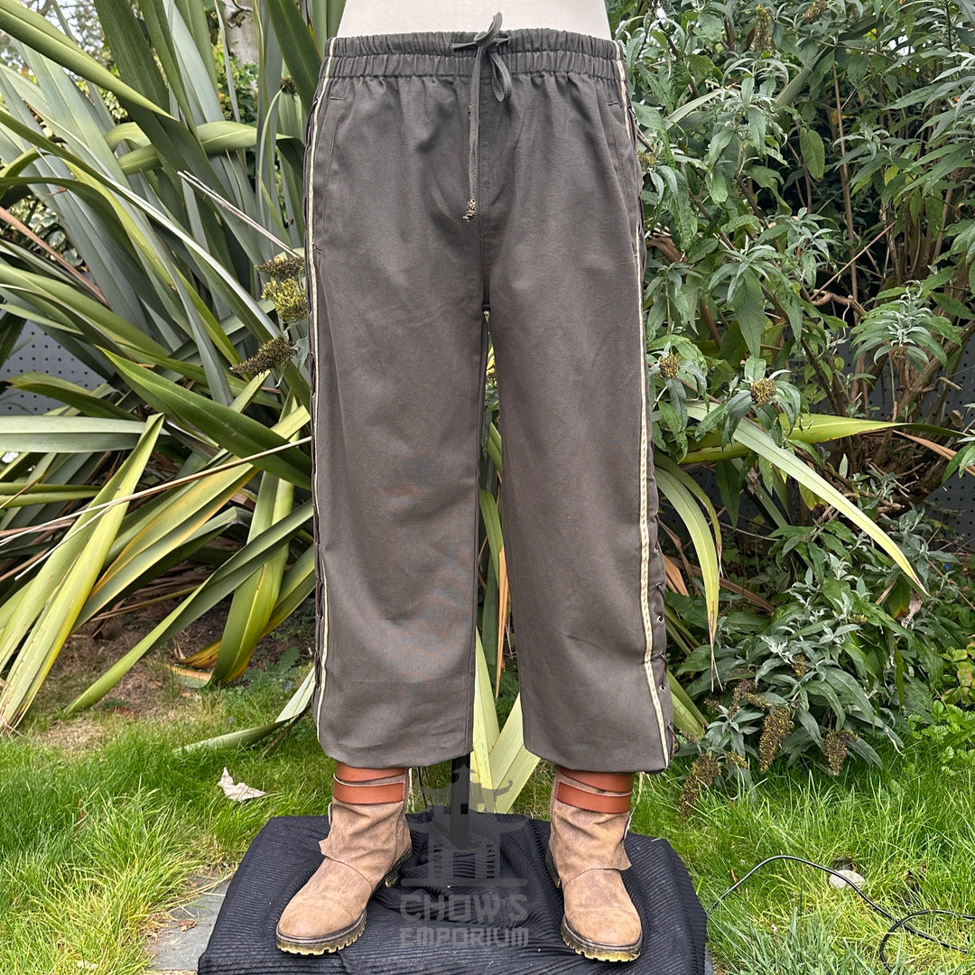 Green/Grey Cotton Medieval Straight Leg Pants with Side Lace and Braiding