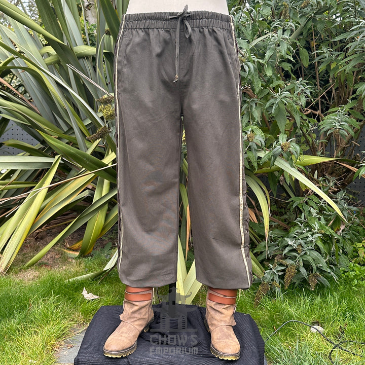 Green/Grey Cotton Medieval Straight Leg Pants with Side Lace and Braiding