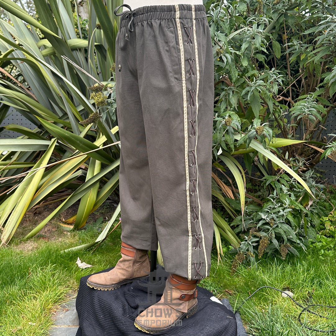 Green/Grey Cotton Medieval Straight Leg Pants with Side Lace and Braiding