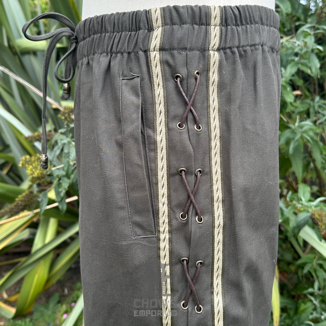 Green/Grey Cotton Medieval Straight Leg Pants with Side Lace and Braiding