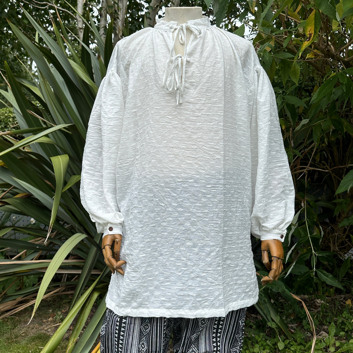 Medieval shirt in textured white cotton-linen, front view for LARP.