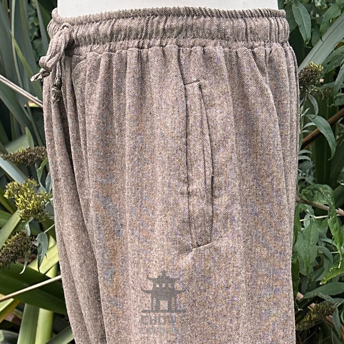 close up of pocket detail on brown wool pants for LARP.