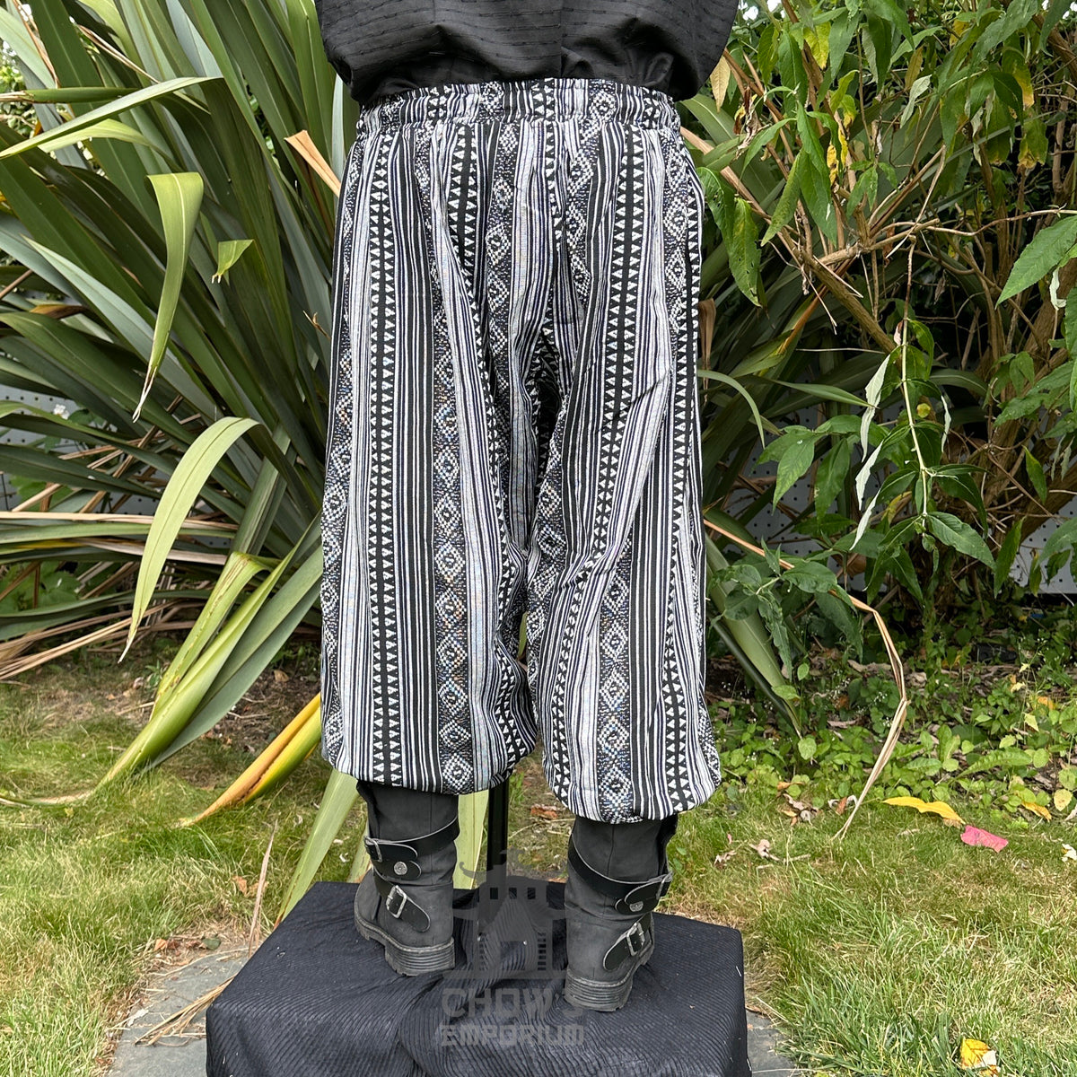 medieval hero pants LARP trousers black white patterned cotton back.