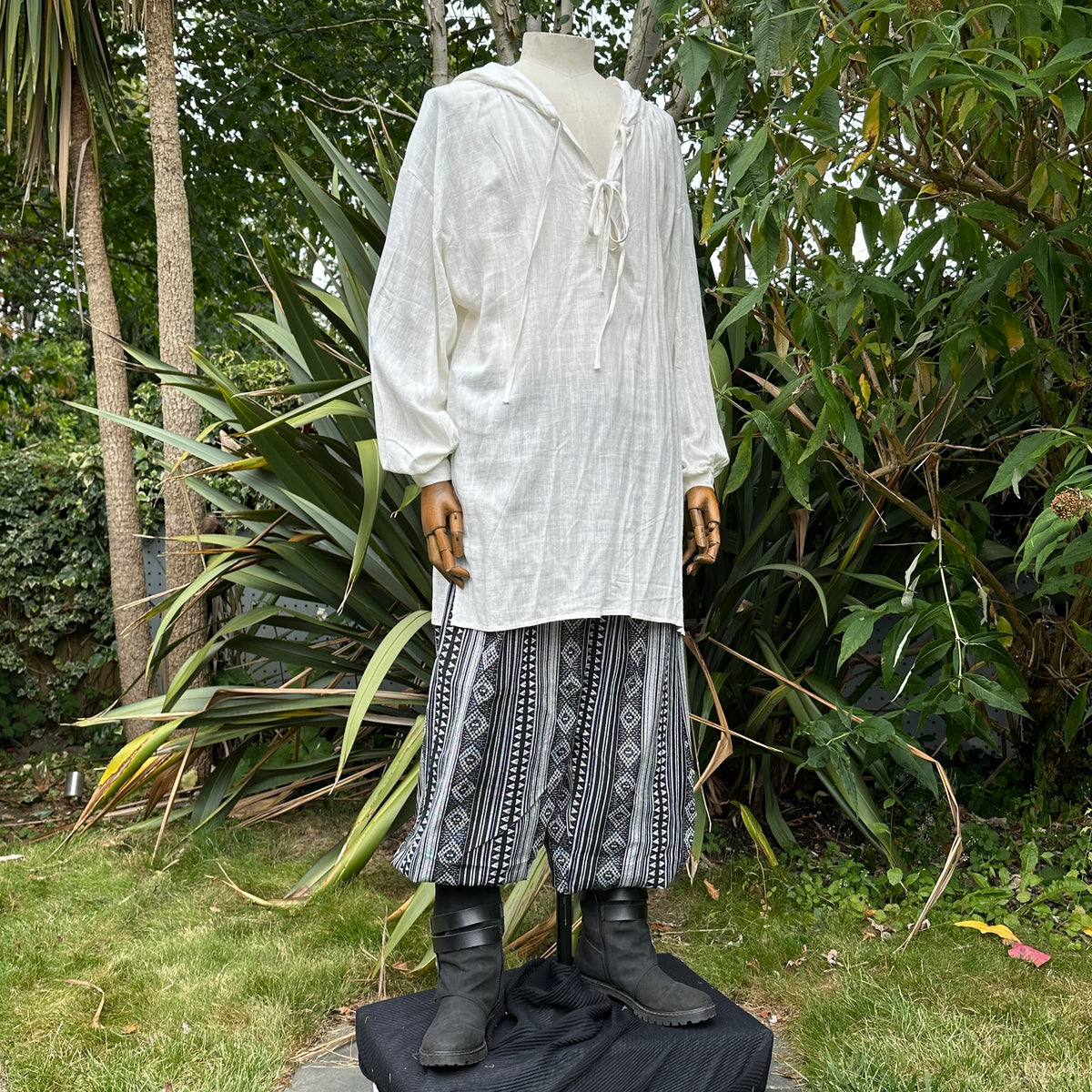 White cotton linen hooded medieval shirt, front view.