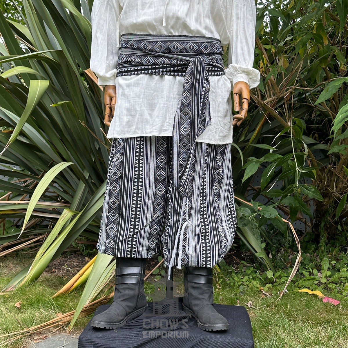 medieval hero pants LARP trousers black white patterned cotton matching sash front.