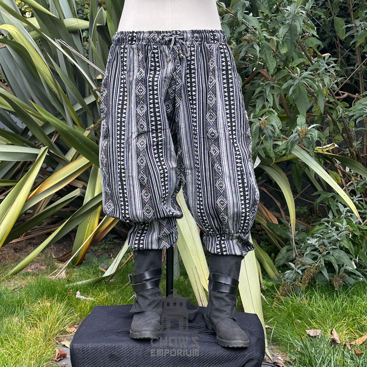 medieval viking pants LARP trousers black white patterned cotton front
