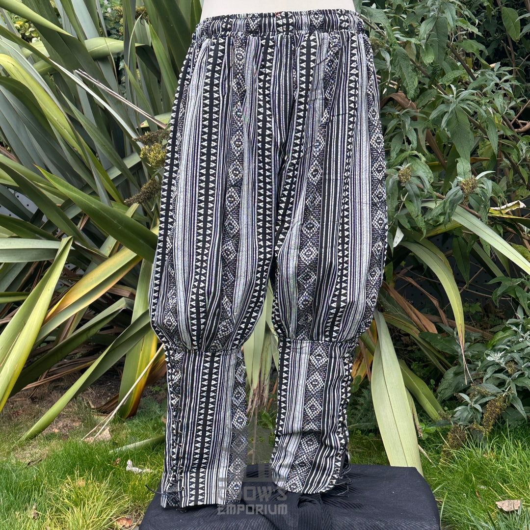 medieval viking pants LARP trousers black white patterned cotton no boots back 2