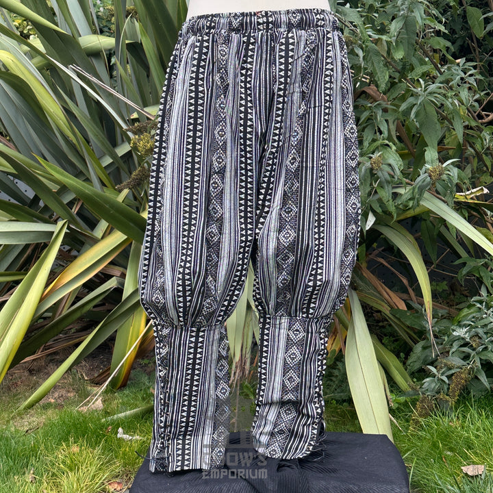medieval viking pants LARP trousers black white patterned cotton no boots back 2