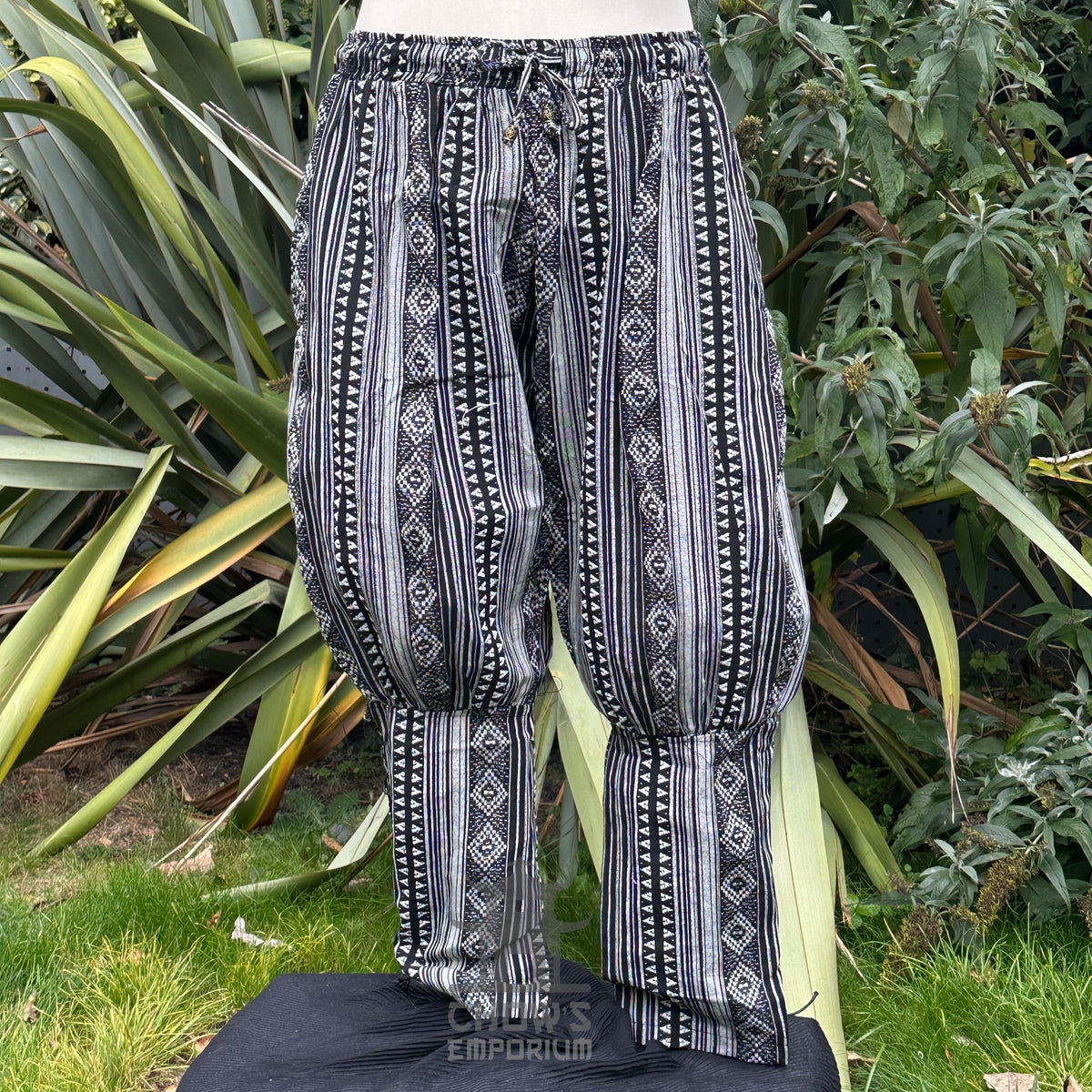 medieval viking pants LARP trousers black white patterned cotton no boots front 2.