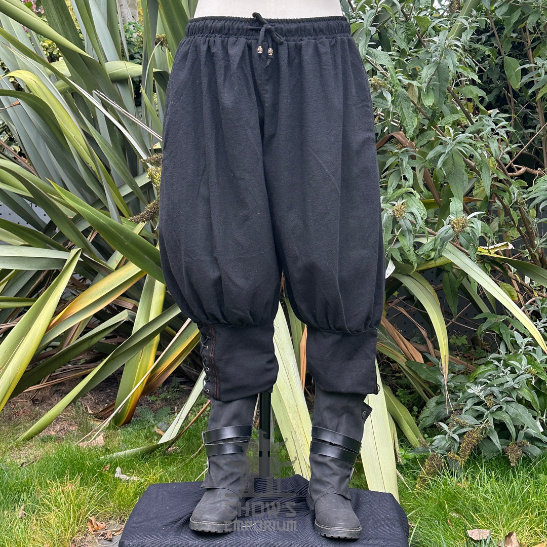 black wool viking pants with braided trim
