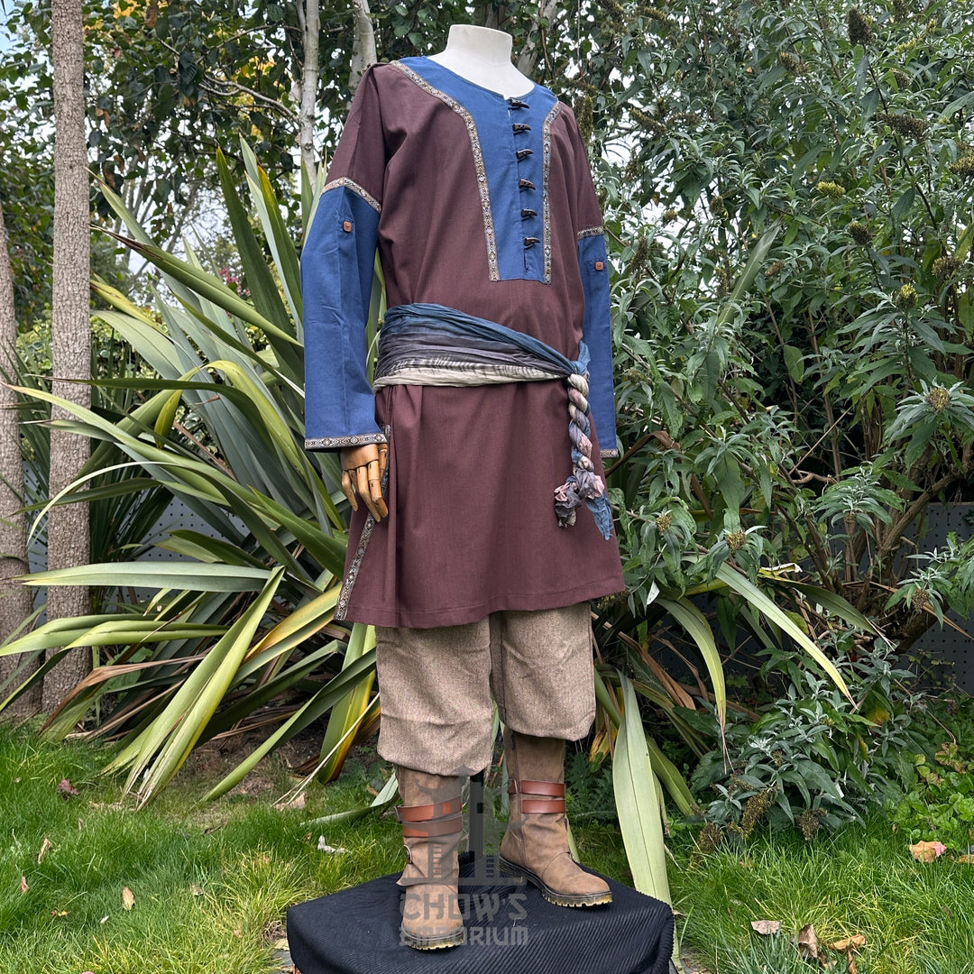 LARP Basic Outfit - 3 Pieces Brown & Blue (Tunic, Trousers and Sash)