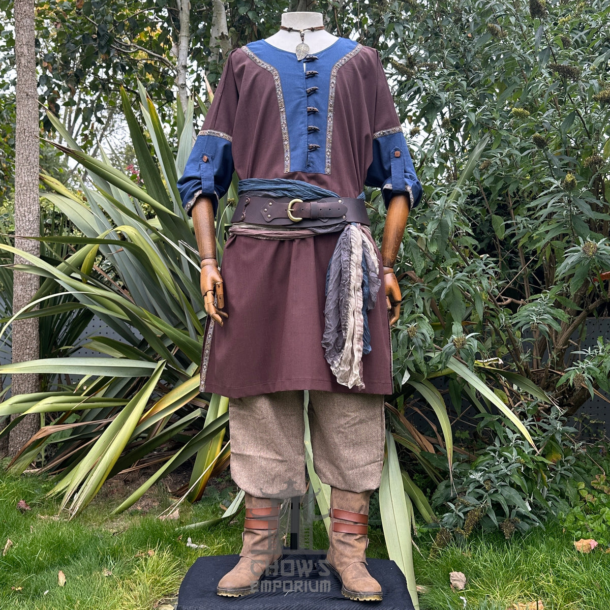 Brown and blue medieval LARP set with robe, tunic, pants, and sash.