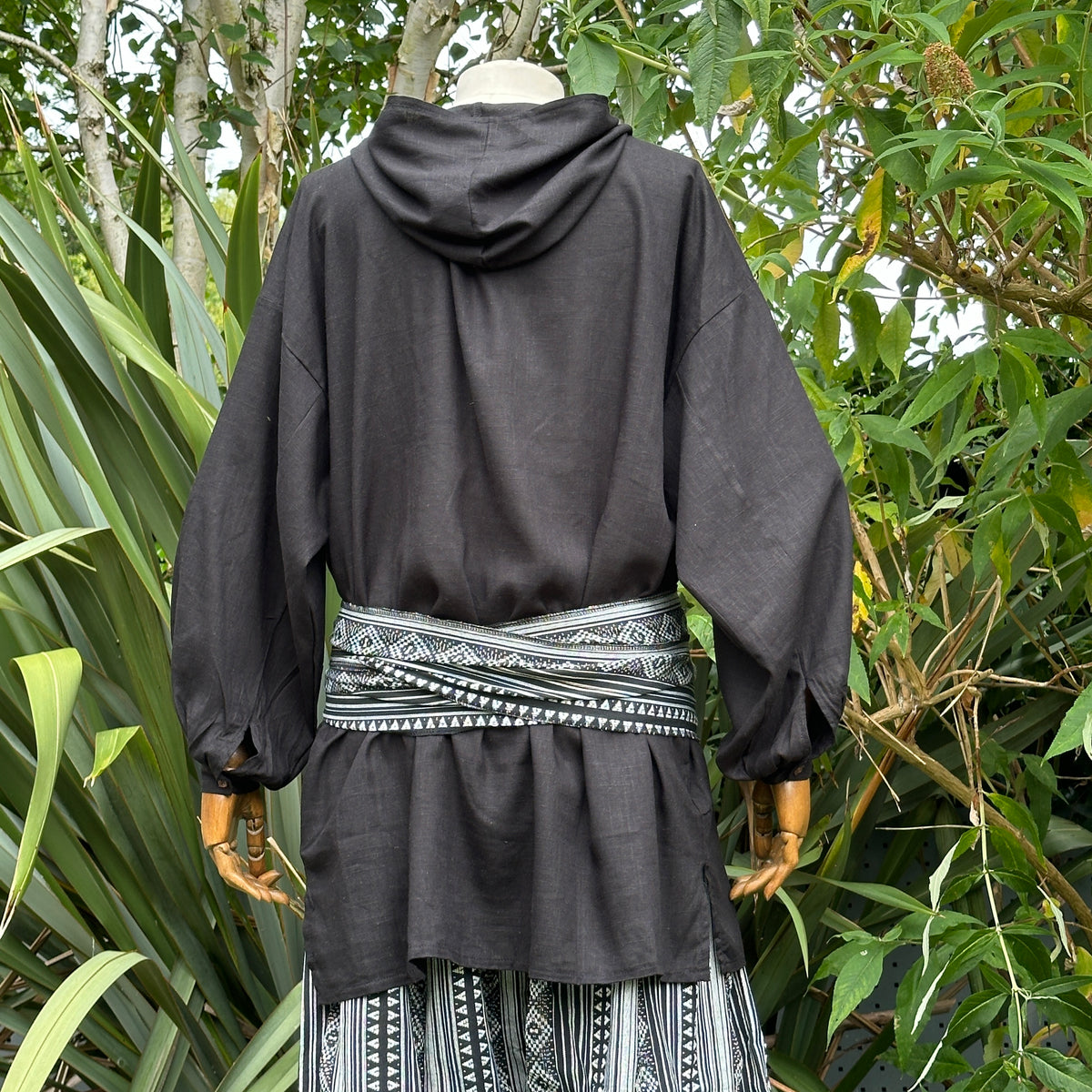 unisex black linen cotton medieval shirt with hood.