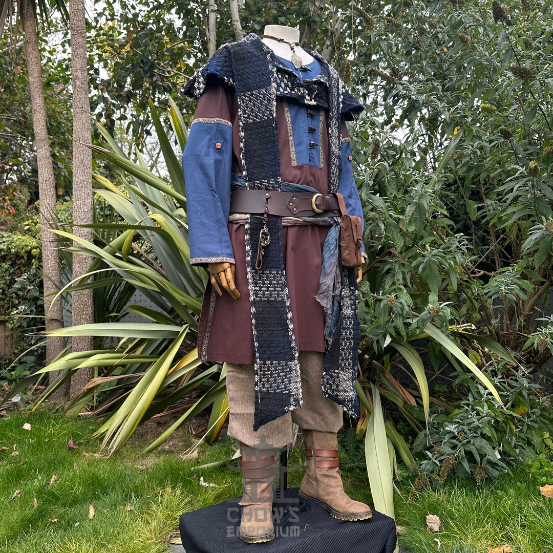 LARP Basic Outfit - 4 Pieces: Brown & Blue Two Tone Tunic, Blue & White Check Wrap Around Hood, Trousers and Sash