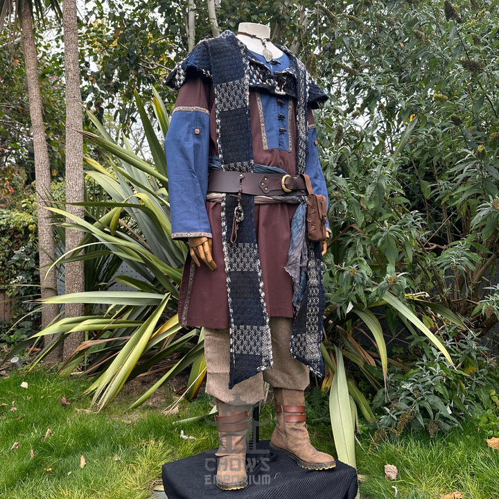LARP Basic Outfit - 4 Pieces: Brown & Blue Two Tone Tunic, Blue & White Check Wrap Around Hood, Trousers and Sash
