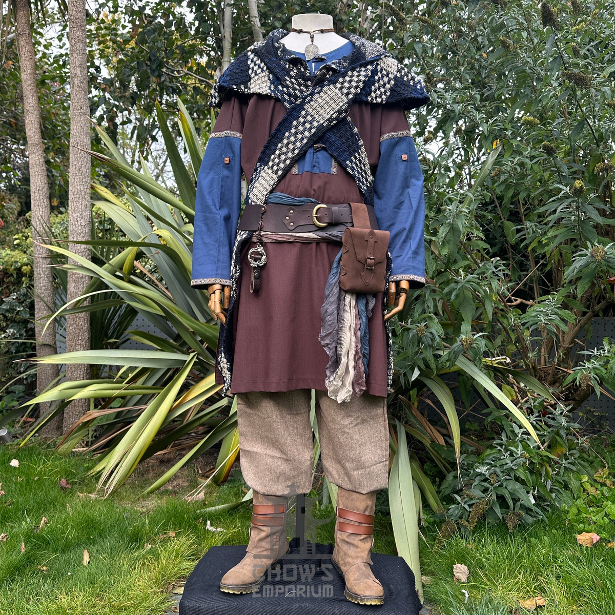 Medieval LARP outfit front view, featuring a brown and blue tunic, hood, trousers, and sash.