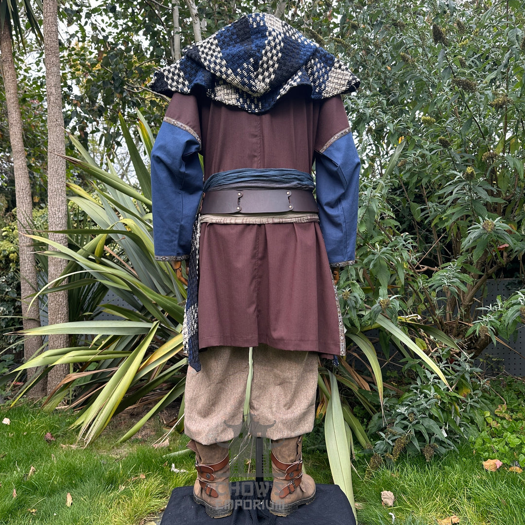 LARP Basic Outfit - 4 Pieces: Brown & Blue Two Tone Tunic, Blue & White Check Wrap Around Hood, Trousers and Sash