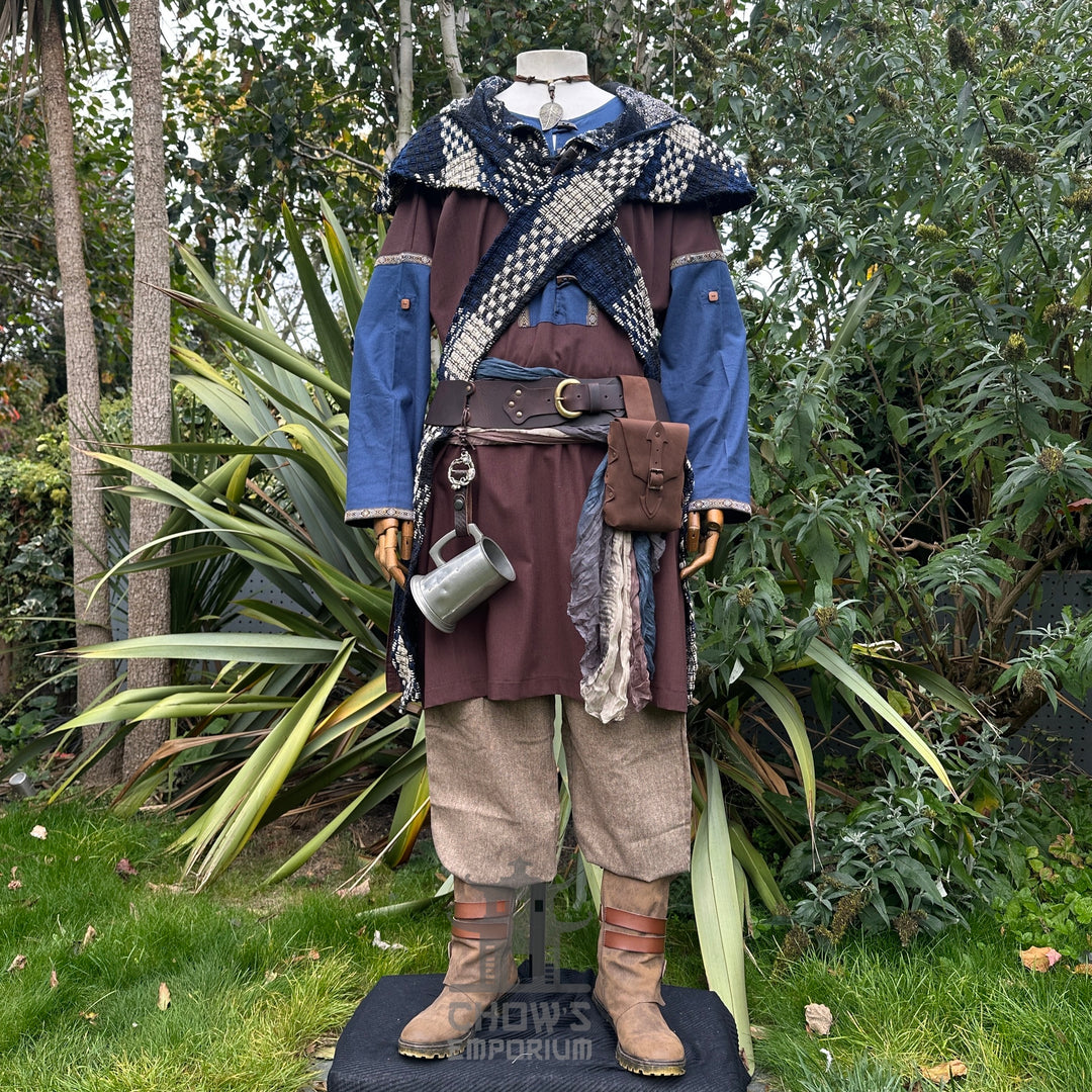 LARP Basic Outfit - 4 Pieces: Brown & Blue Two Tone Tunic, Blue & White Check Wrap Around Hood, Trousers and Sash