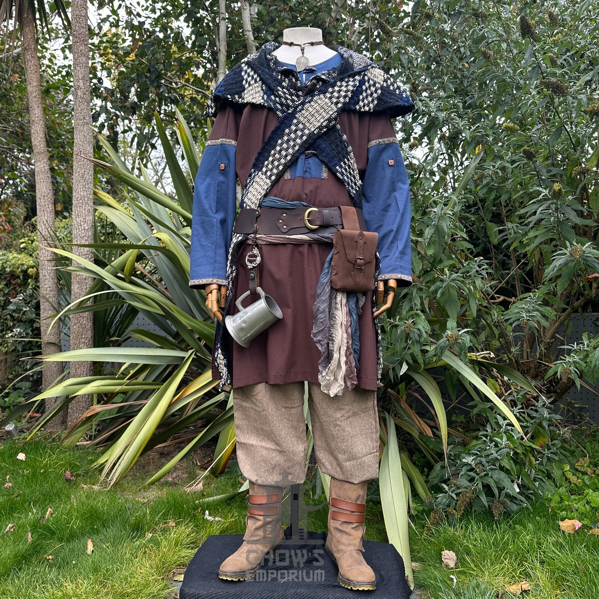 Medieval LARP ranger outfit, brown robe, blue tunic, front view.