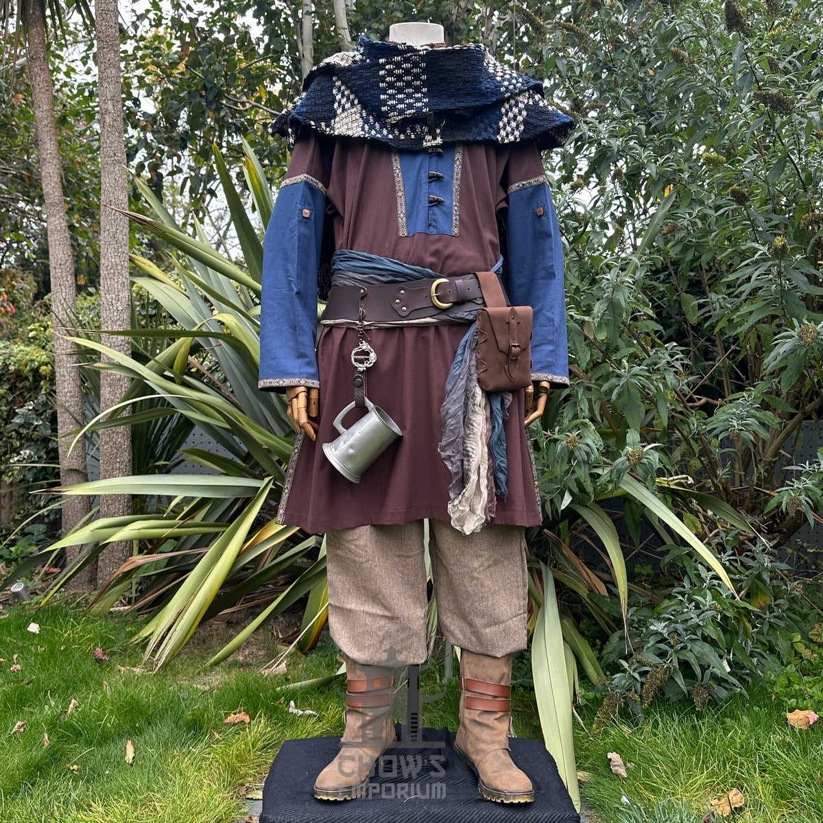 Brown tunic, blue hood, beige trousers, sash, LARP medieval outfit.