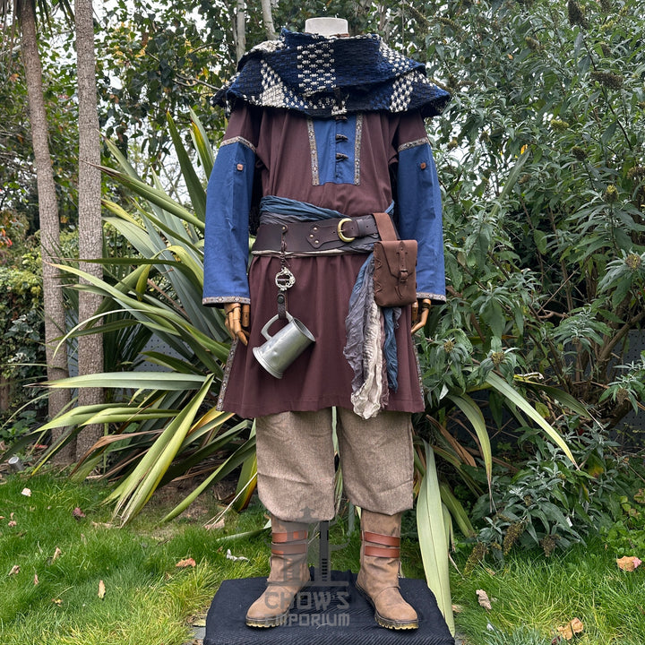 LARP Basic Outfit - 4 Pieces: Brown & Blue Two Tone Tunic, Blue & White Check Wrap Around Hood, Trousers and Sash