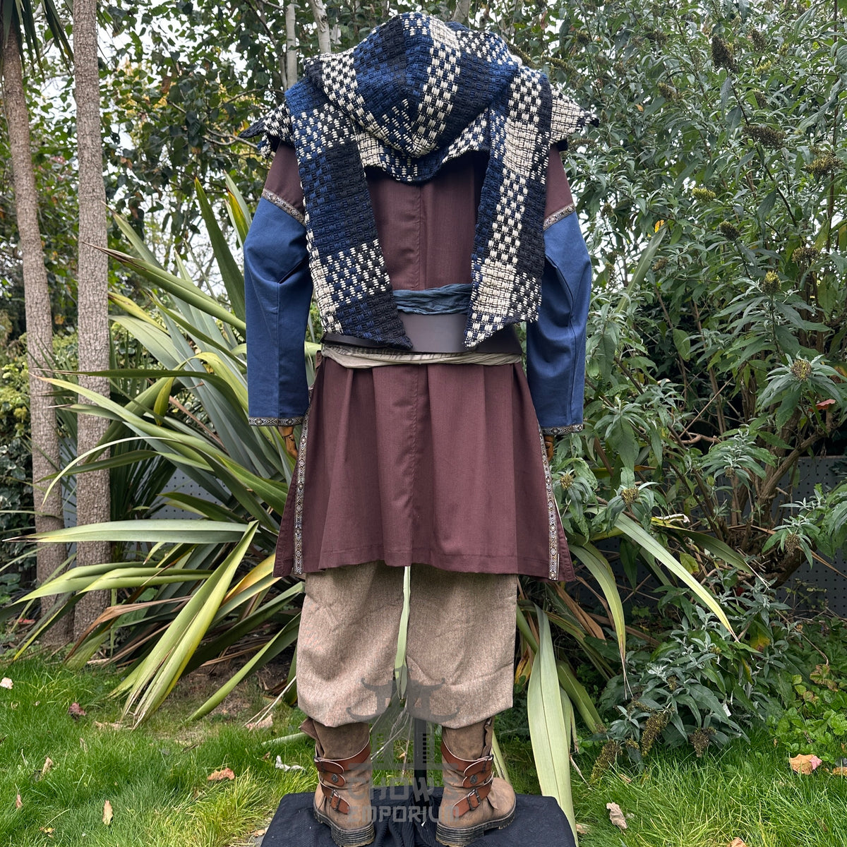 Brown tunic, blue sleeve, woven hood, sash, LARP medieval outfit back view.