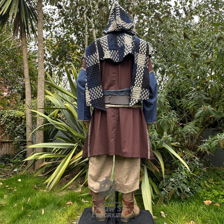 LARP Basic Outfit - 4 Pieces: Brown & Blue Two Tone Tunic, Blue & White Check Wrap Around Hood, Trousers and Sash
