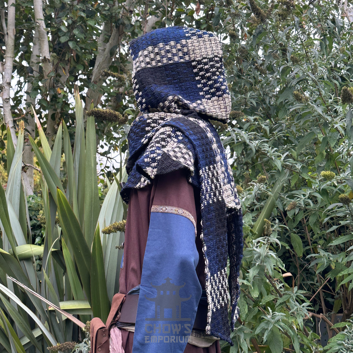 Blue and white check wool scarf hood for LARP costume, side view.
