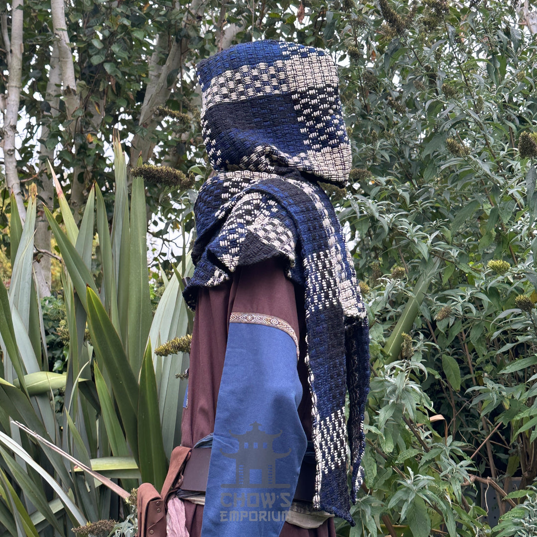 Blue & White Check Wool Scarf Hood