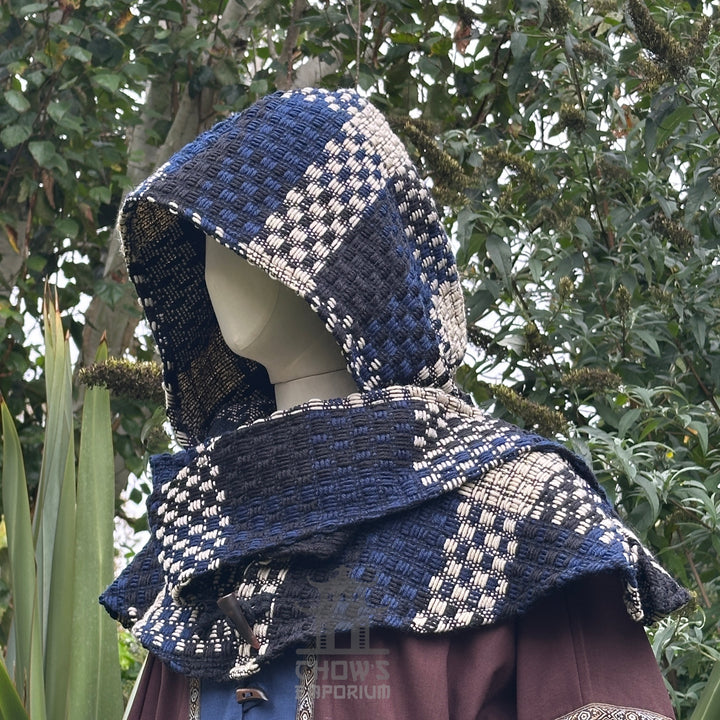 Blue & White Check Wool Scarf Hood
