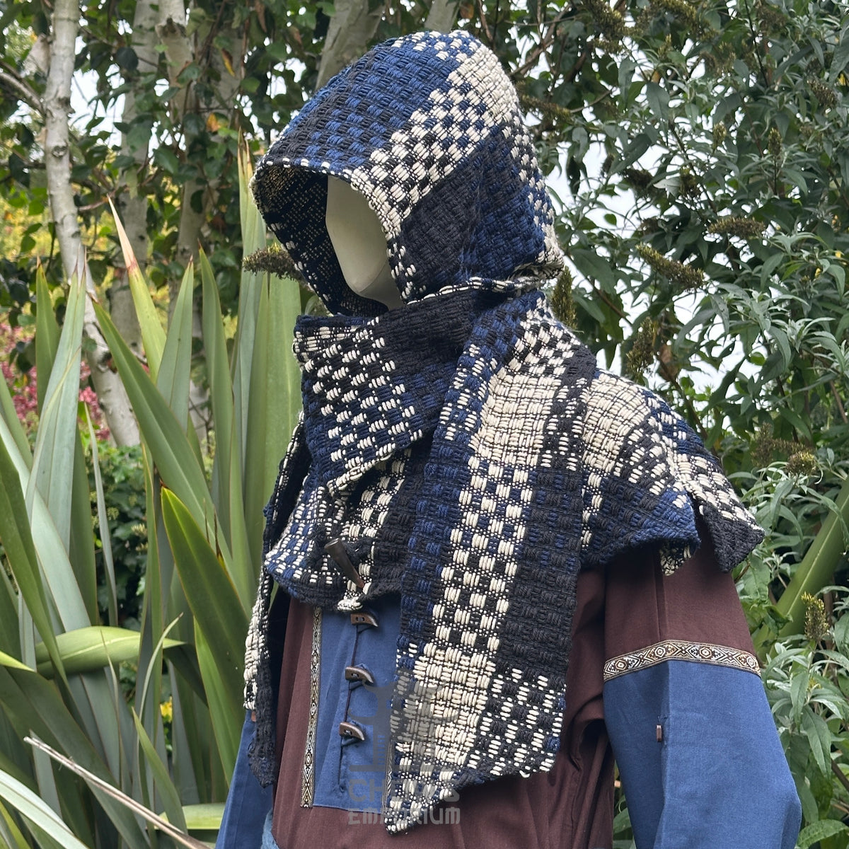 Medieval LARP outfit, blue and brown, side view, hooded, patterned fabric.