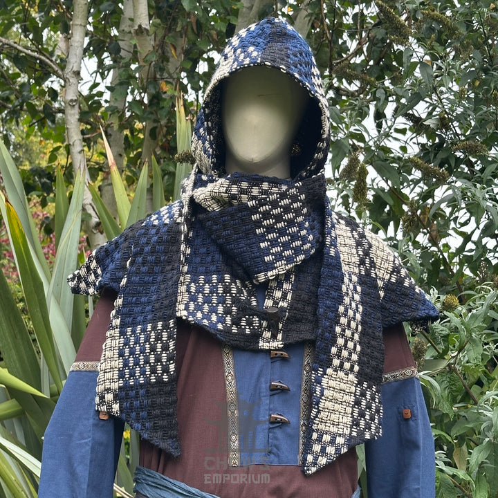 Blue & White Check Wool Scarf Hood