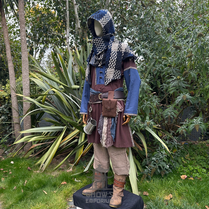 LARP Basic Outfit - 4 Pieces: Brown & Blue Two Tone Tunic, Blue & White Check Wrap Around Hood, Trousers and Sash