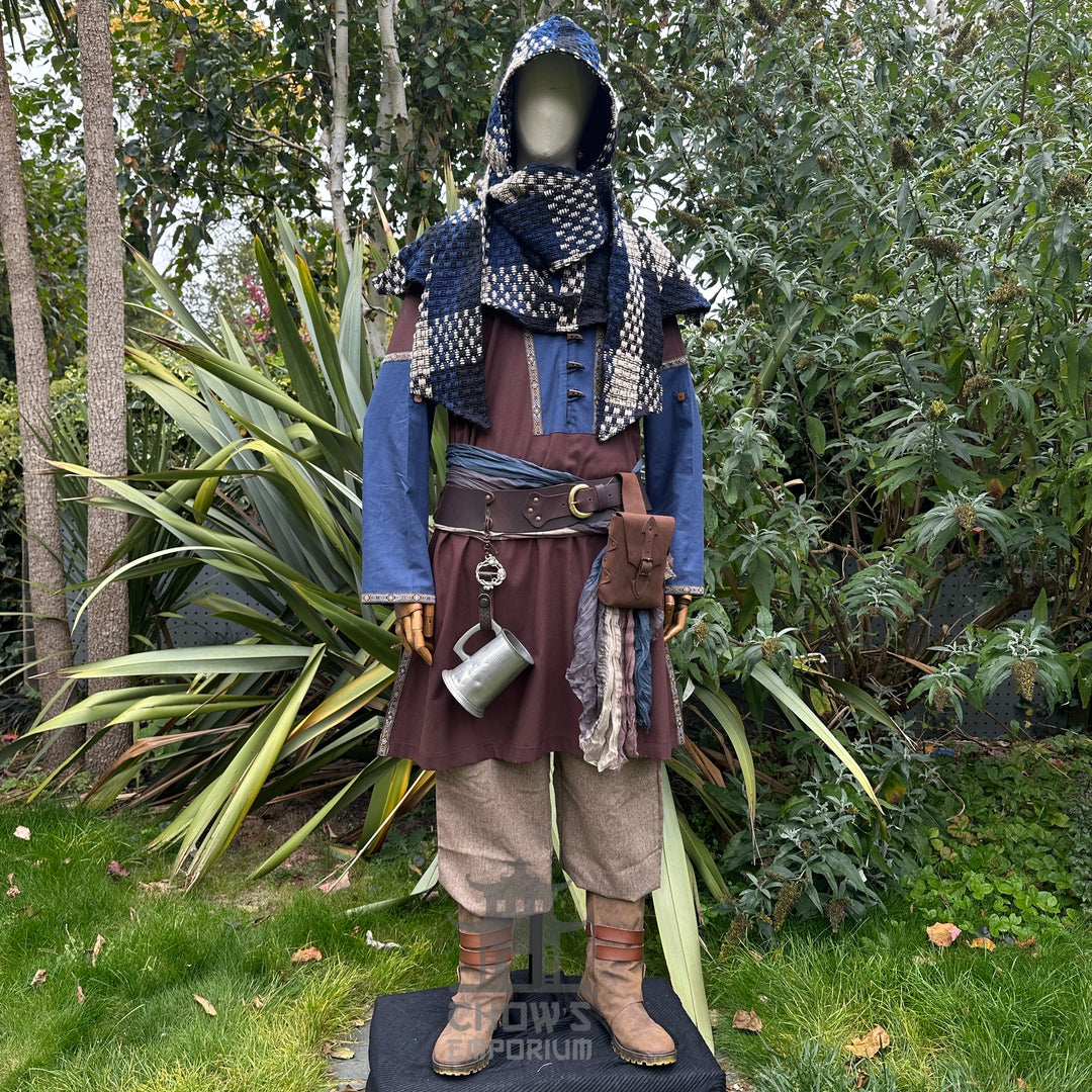 LARP Basic Outfit - 4 Pieces: Brown & Blue Two Tone Tunic, Blue & White Check Wrap Around Hood, Trousers and Sash