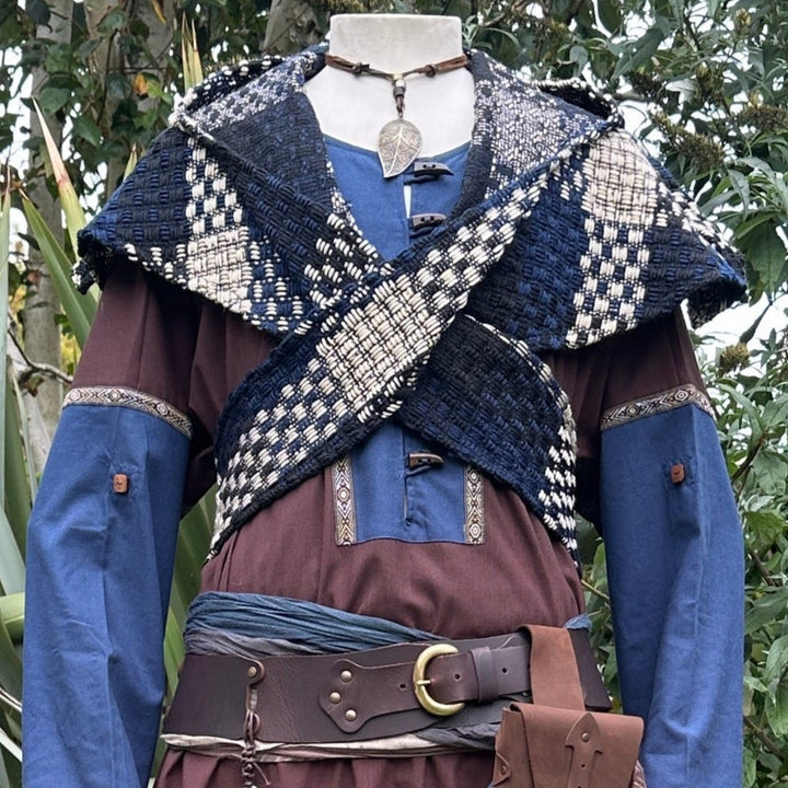 Blue & White Check Wool Scarf Hood