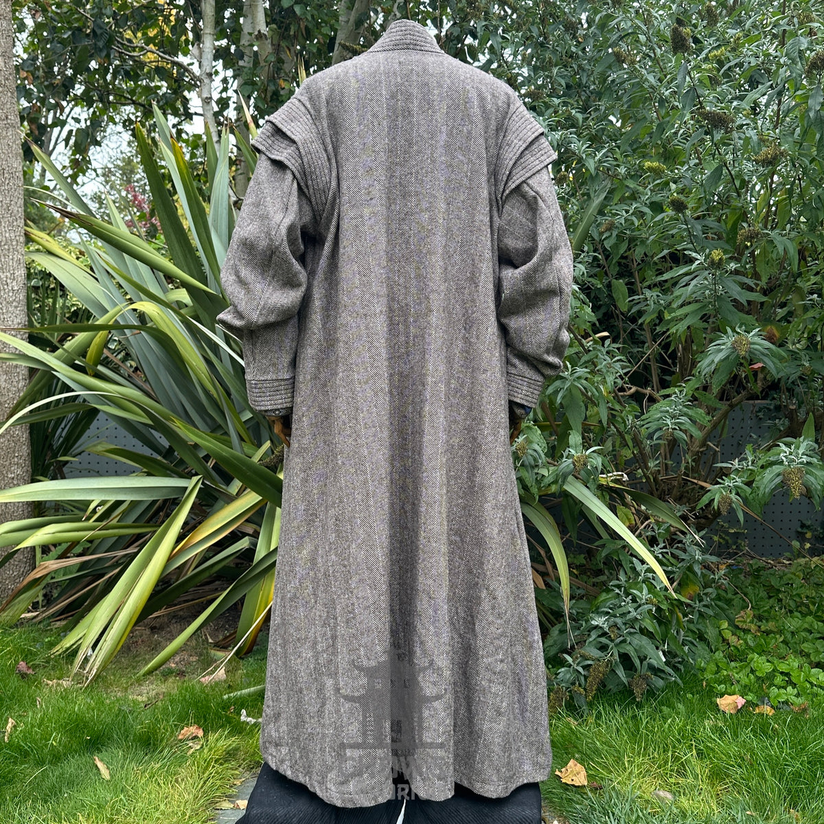 Grey wool LARP robe with long sleeves, back view on mannequin.