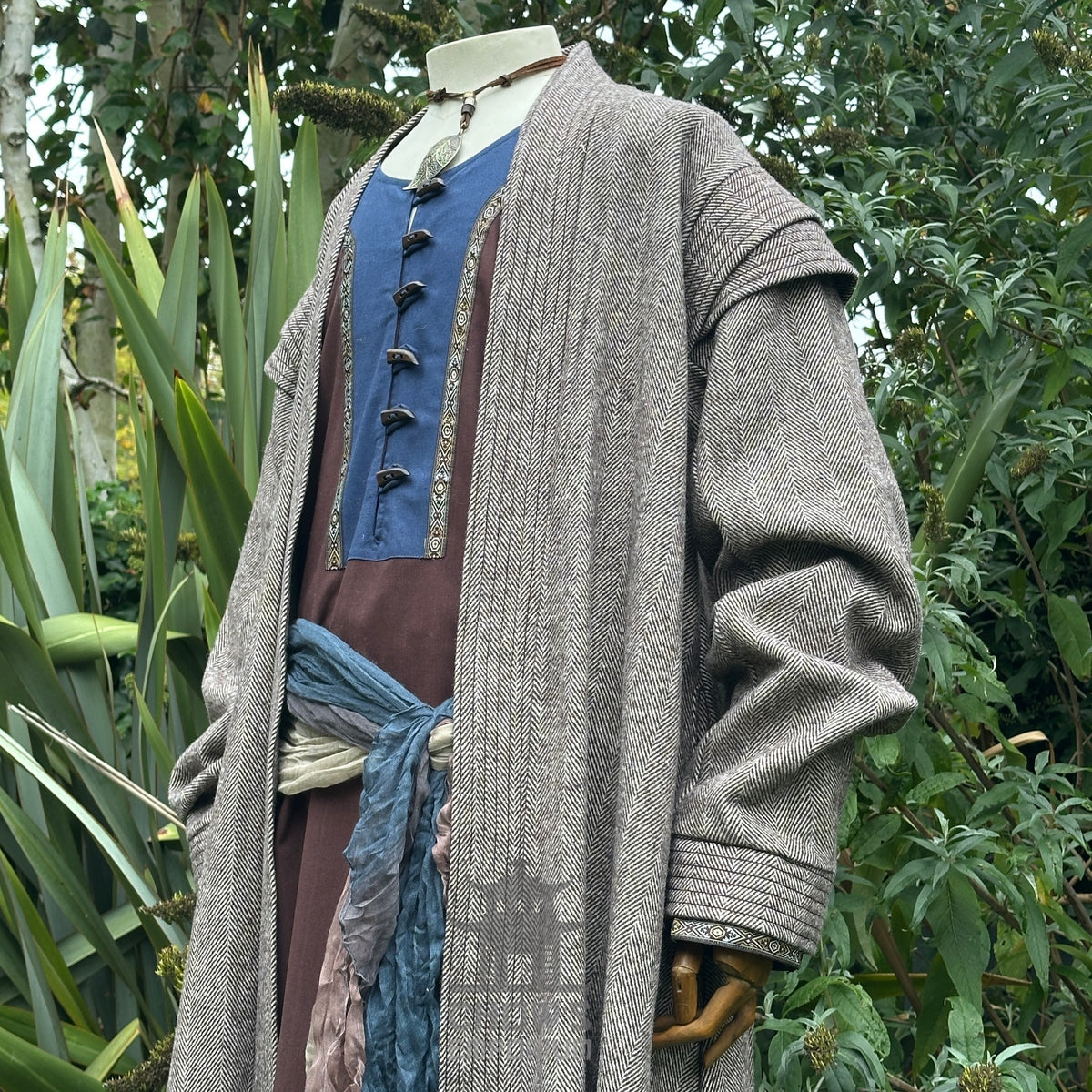 LARP Sand Mage Set: grey herringbone robe, blue brown tunic, sash.