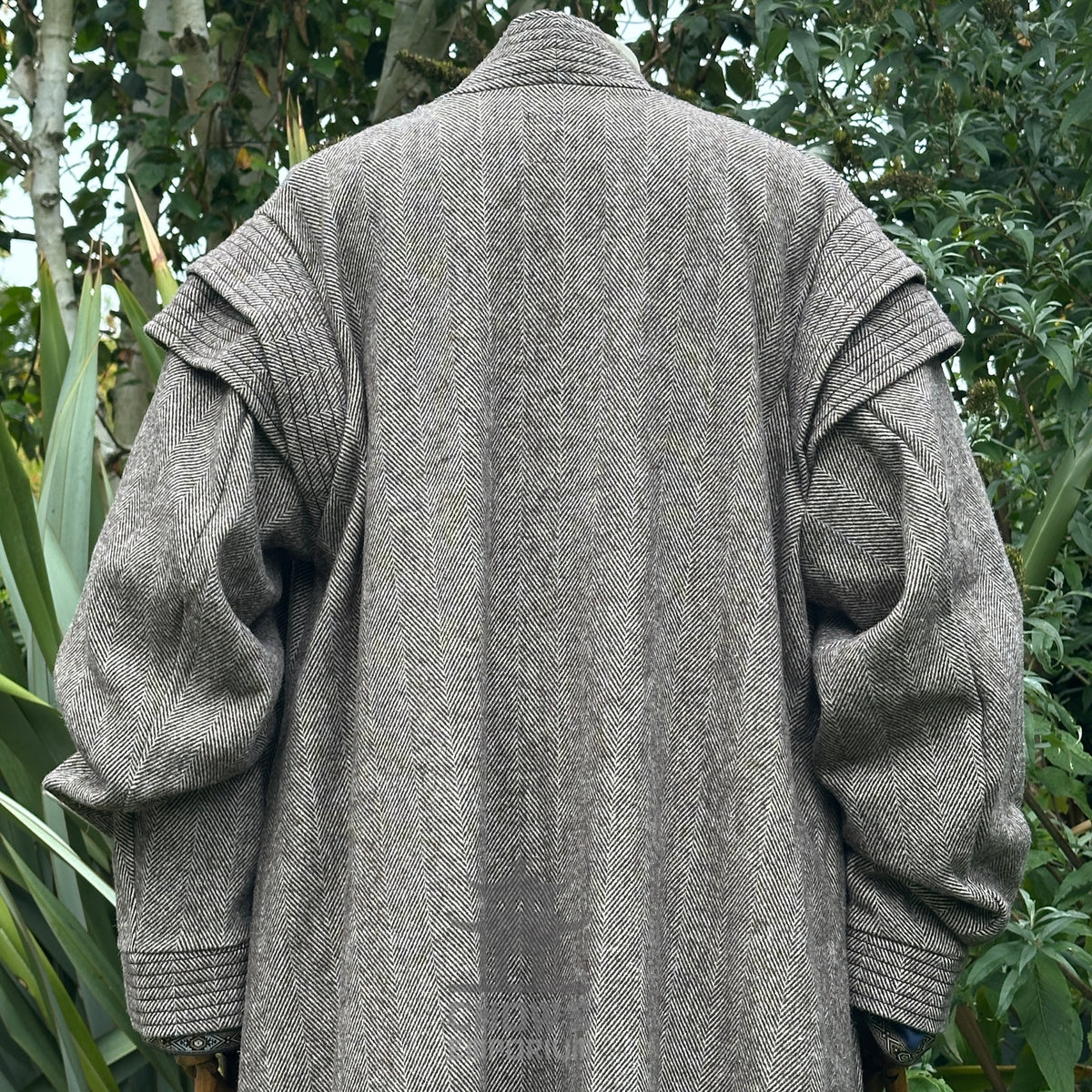 Grey herringbone robe back view, long sleeves, Sand Mage LARP set.