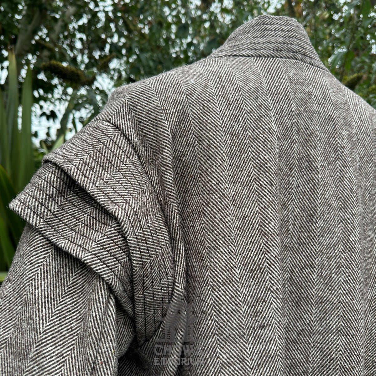 Grey herringbone LARP robe shoulder from back, detailed fabric texture.