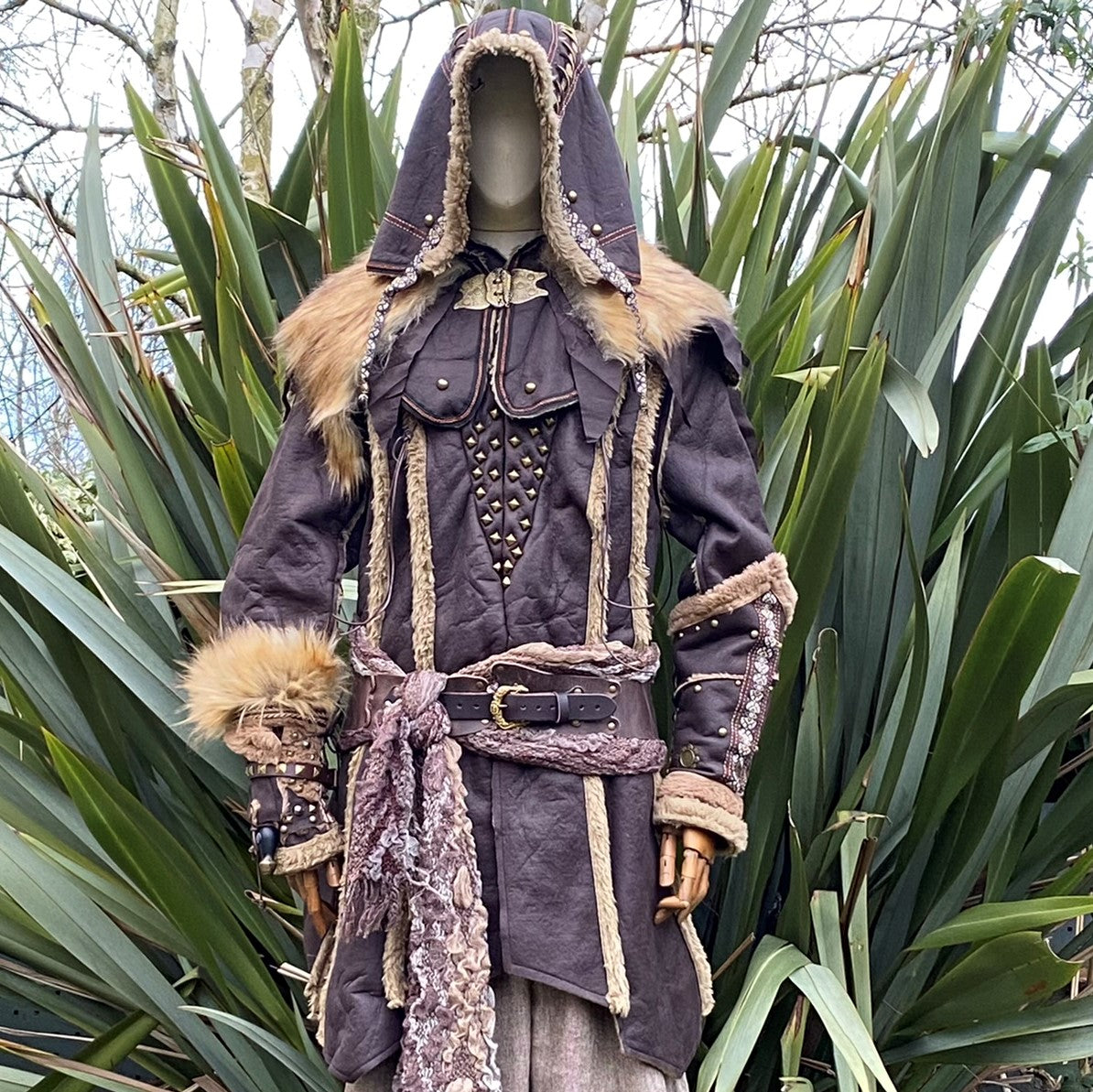 Barbarian LARP set with tunic, hood, vambraces, brown fabric, fur trim.